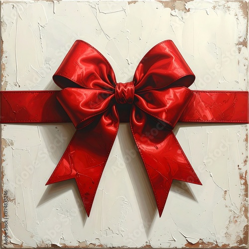 A square canvas displays a bright red satin bow and ribbon against a textured off-white background. The bow is centered