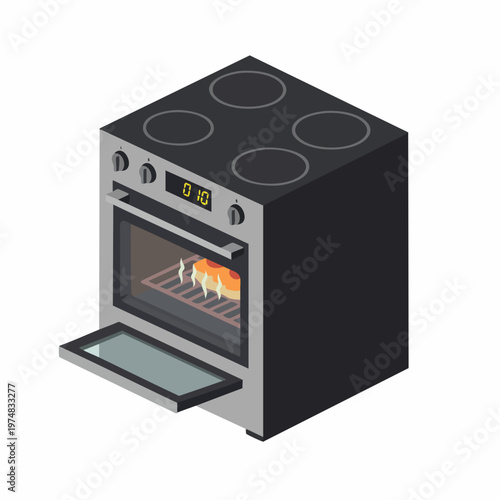 Isometric Style Detail Electric Oven Cooking Appliance with Bread Inside