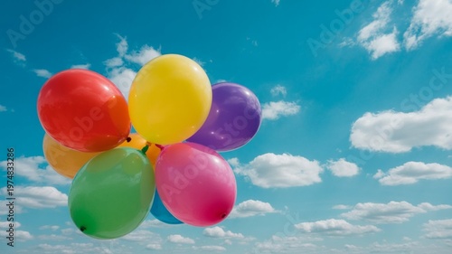 A colorful cluster of helium balloons floating freely against a bright blue sky with scattered white clouds, summer day