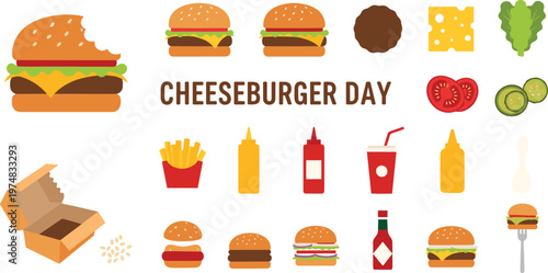 Cheeseburger Day Food Icons with Burger, Fries, And Drinks