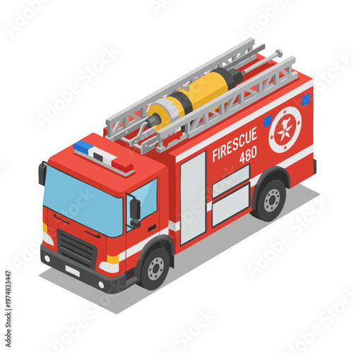 Isometric Detailed Fire Truck Emergency Vehicle Transportation Illustration Graphic