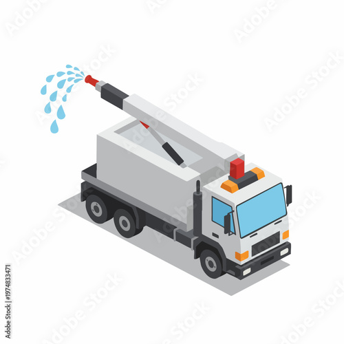 Isometric Detailed Water Tank Truck with Spray Nozzle Vehicle Illustration