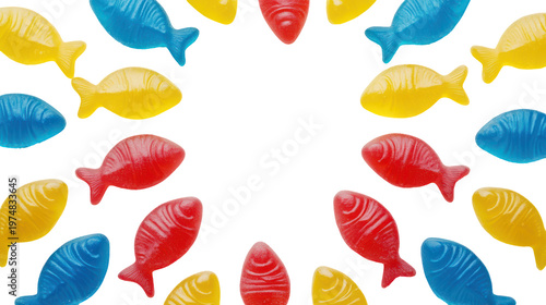Colorful fish-shaped candies on a transparent background