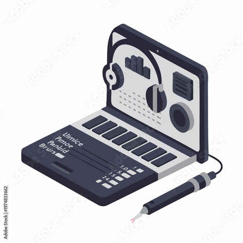Isometric Detailed Laptop with Music Production Software Application Interface Illustration