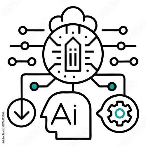 Artificial intelligence icons and symbols. Machine learning, chatbot, AI robot, AI chip, AI generator icons.