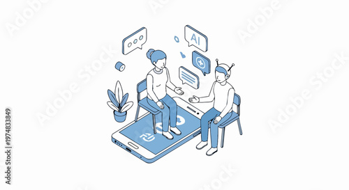 Isometric Illustration of a Woman Interacting with an AI Assistant on a Smartphone for Virtual Support and Therapy