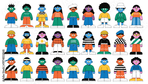 a vibrant, grid-based illustration featuring 27 stylized, cartoonish characters arranged in three rows of nine.