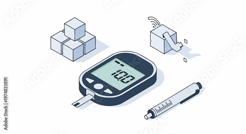 Isometric Diabetes Management Illustration with Blood Glucose Meter, Insulin Pen, and Sugar Cubes