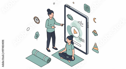 Online Yoga and Meditation Class Concept with Woman Practicing Mindfulness through a Tablet App and Digital Wellness Instructor Illustration
