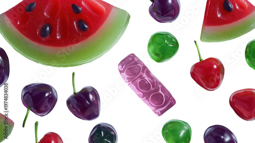 Colorful candy pieces including watermelon slices and cherries on transparent background