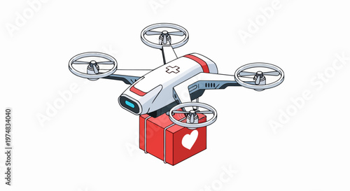 Autonomous Medical Delivery Drone Carrying Emergency Supplies, Isometric 3D Technology Concept for Healthcare Innovation