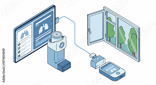 Digital Asthma Management System with Smart Inhaler and Remote Monitoring App for Respiratory Health - Isometric Illustration