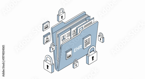 Secure Electronic Health Records EHR Folder Isometric Illustration with Padlocks for Medical Data Security and Privacy Concept