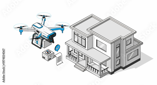 Isometric Drone Delivery Concept with Modern House and Package
