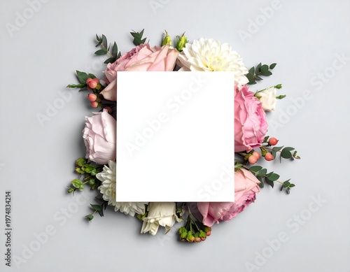 A square card sits atop a circle of flowers, centered on a gray background, creating a natural and elegant frame