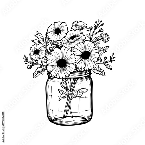 Hand drawn black and white flowers in a glass mason jar.