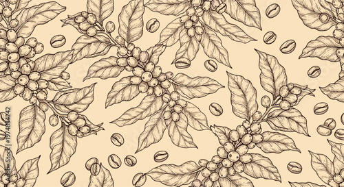 Antique style seamless pattern featuring detailed botanical sketches of coffee branches beans and leaves on a aged beige paper background.