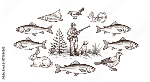Circular arrangement of hunting and fishing themed illustrations featuring a hunter his dog various fish and wild birds.