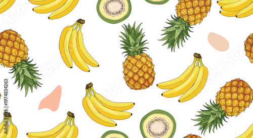 Tropical fruit seamless pattern featuring whole pineapples bunches of bananas and kiwi fruit slices on a clean white background.