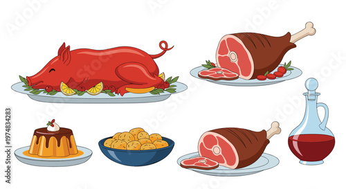 Collection of festive dinner illustrations including a roasted whole pig, honey glazed ham, chocolate pudding, and bowl of potatoes.