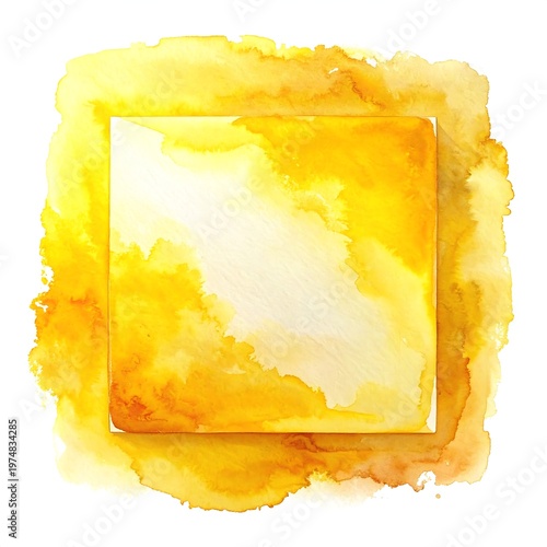 A square canvas is centered atop an abstract sunburst of golden and orange watercolor washes, creating a vibrant, artistic display