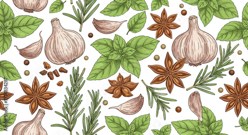 Aromatic seamless pattern of various culinary herbs and spices including basil garlic cloves rosemary and star anise on white background.