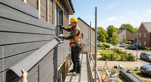 Professional contractor installing modern grey composite siding panels on a residential house exterior.