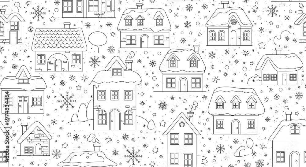 Obraz premium Monochrome seamless pattern of a winter town with snow covered houses, snowflakes, and bare trees in black line art.