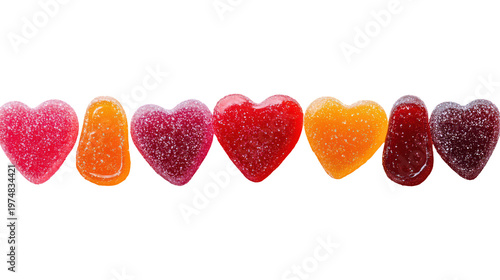 A row of colorful heart-shaped candies on transparent background