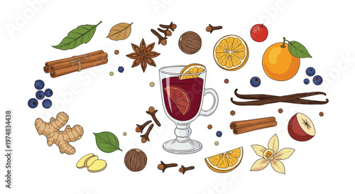 Assorted ingredients for mulled wine including orange slices, cinnamon sticks, star anise, ginger, and a glass of red wine.