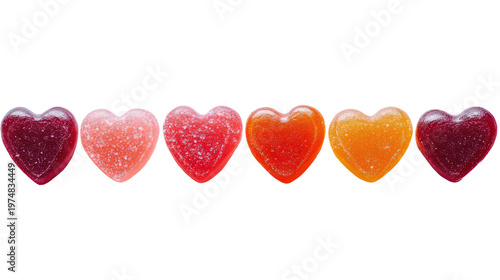 A row of colorful heart-shaped candies on transparent background
