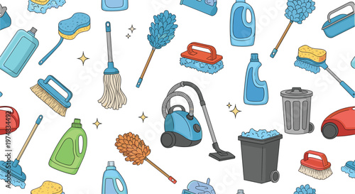 Colorful seamless pattern featuring various cleaning tools and products like vacuum cleaner, bottles, brushes, and mops.