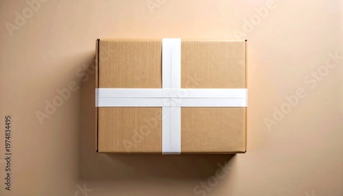 A square cardboard box, secured with white tape in a cross pattern, rests on a solid, beige background. Overhead shot