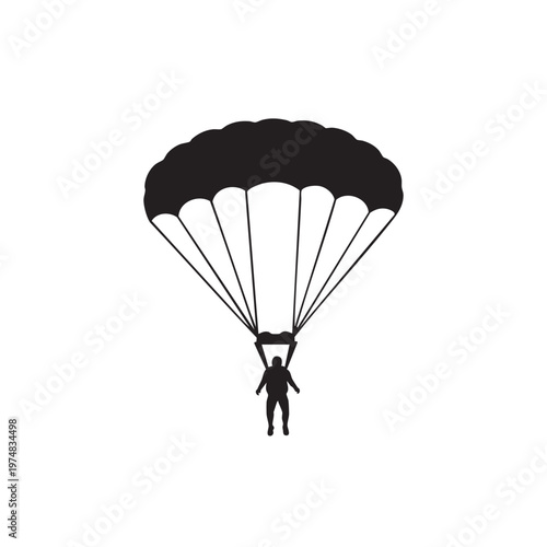 Parachutist silhouette descending with parachute vector illustration for adventure and extreme sport