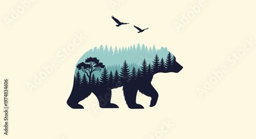 Artistic silhouette of a walking bear containing a beautiful forest landscape with pine trees and flying birds.