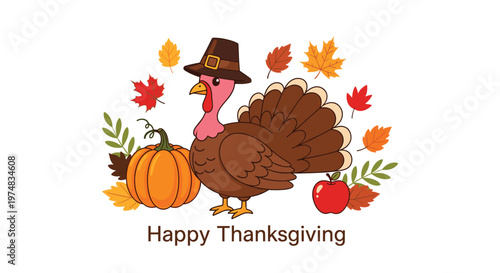 Festive thanksgiving greeting featuring a cute cartoon turkey wearing a pilgrim hat with a pumpkin and an apple.