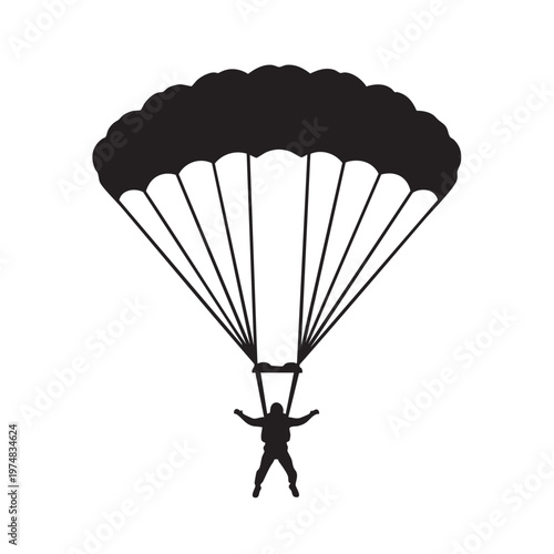 Parachutist silhouette descending with open parachute vector illustration for adventure sports and e