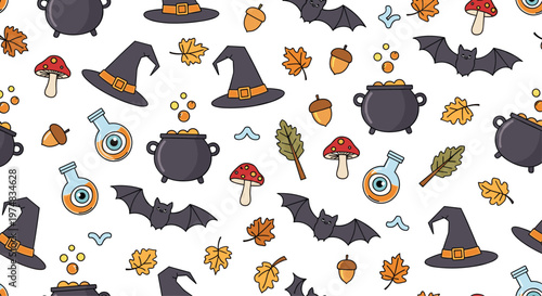 Seamless Halloween pattern features witch hats and bats with potions and cauldrons amidst colorful autumn leaves.