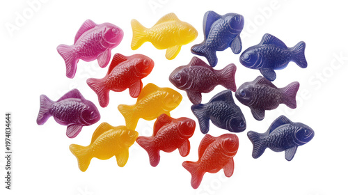 A colorful assortment of gummy fish candies on transparent background