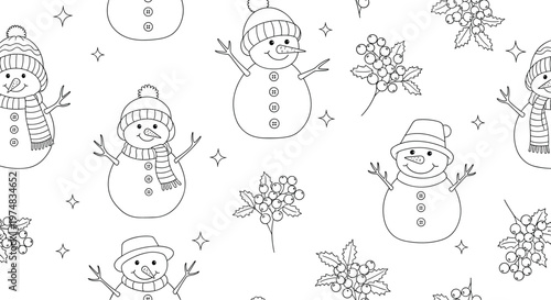 Winter snowman coloring page for kids displays happy characters wearing hats and scarves with festive holly berries.