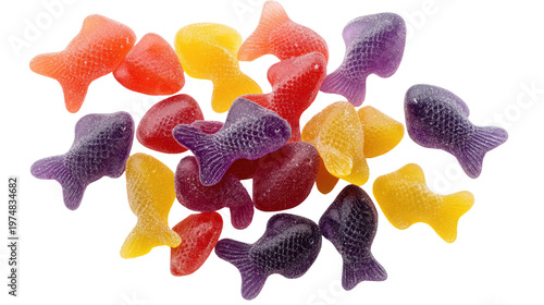 A pile of colorful gummy fish candies on transparent background