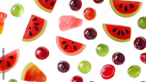 Colorful candies and gummies on transparent background