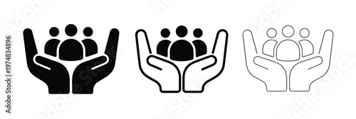 Hands supporting group of people icon representing community care, protection, social welfare, philanthropy, unity support concept, charity help, inclusive society symbol, modern flat design.