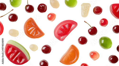 A colorful assortment of fruit shaped candies on transparent background