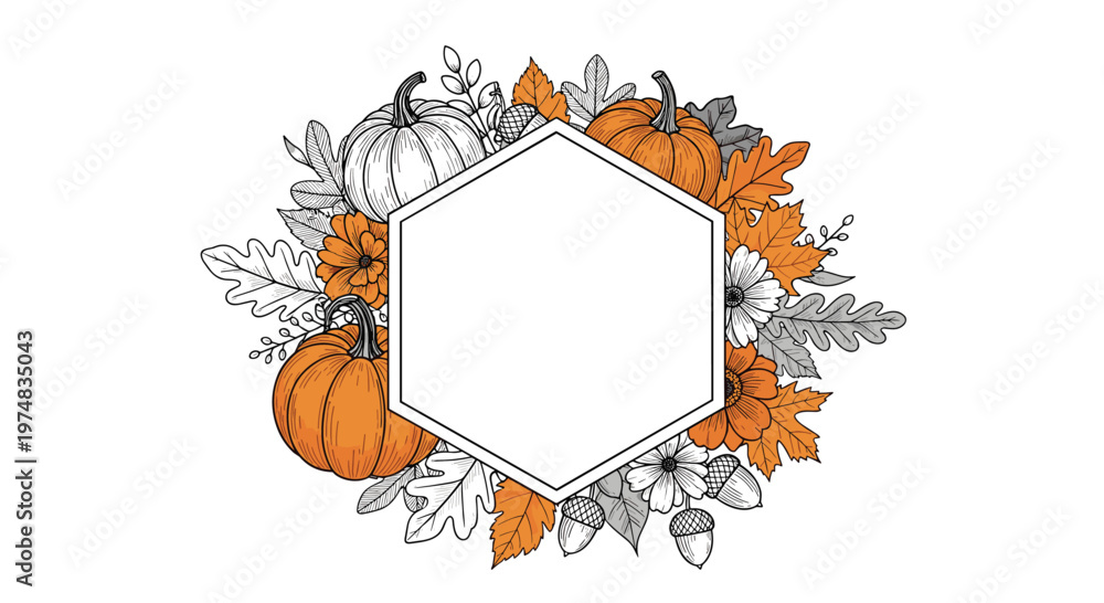Fototapeta premium Autumn pumpkin frame with a hexagonal center is surrounded by seasonal leaves and acorns in orange and grey tones.