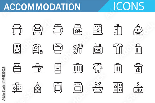 Accommodation furniture icons set minimal line vector collection with hotel amenities