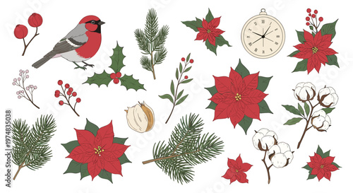 Christmas element collection displays bullfinches and poinsettias with pine branches and a vintage clock face.