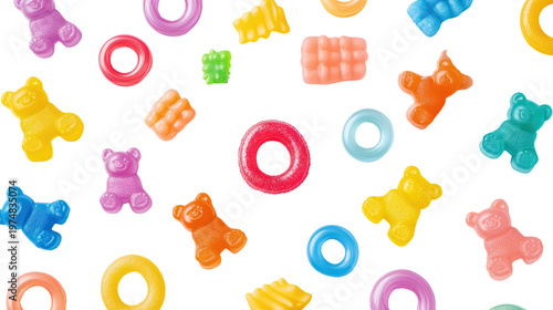 Colorful gummy bears and rings scattered on a transparent background