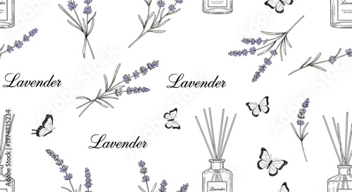 Elegant seamless pattern of lavender bouquets, perfume bottles, butterflies, and aromatic diffusers on a white backdrop.