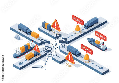 Cargo ships and trucks on routes.